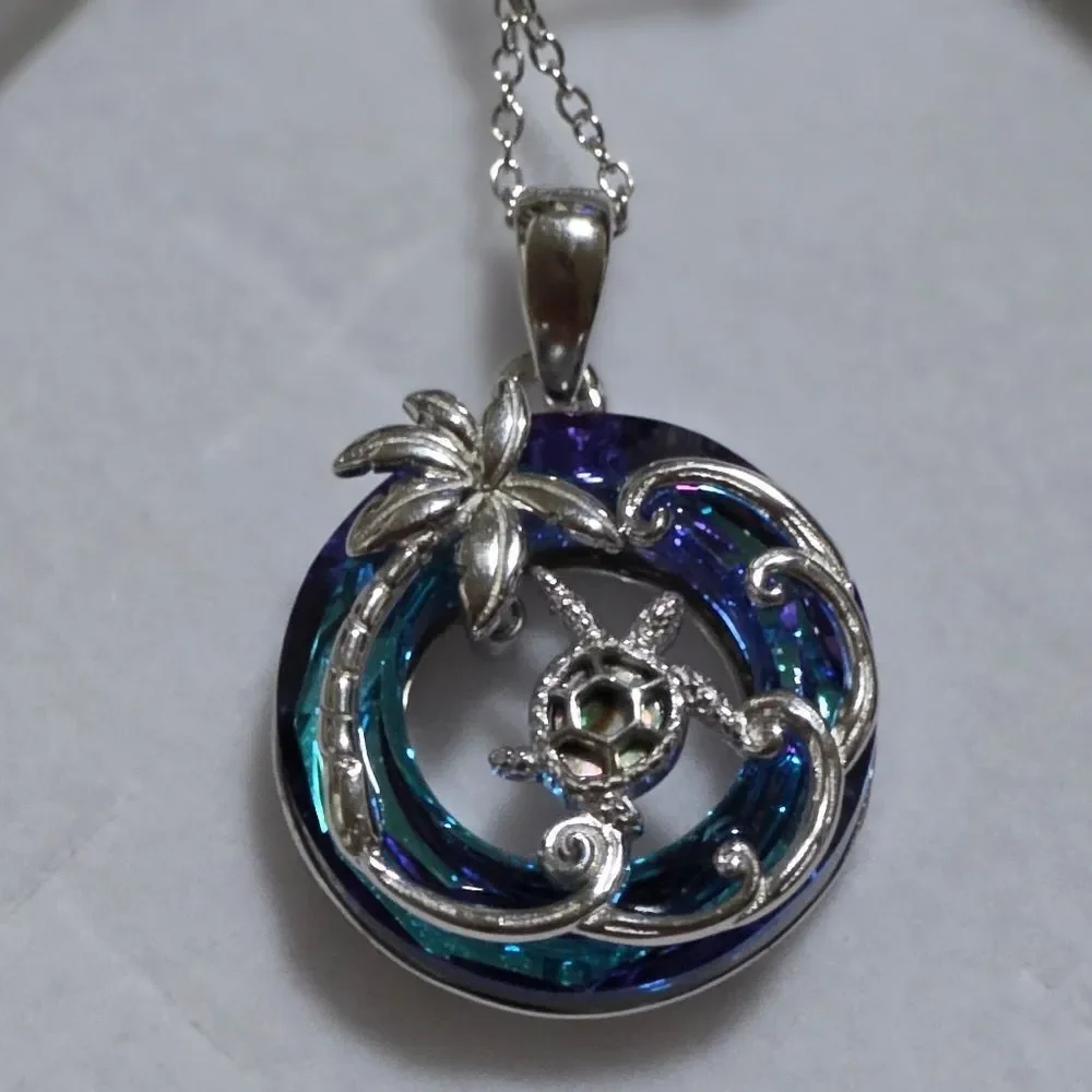 📷💬🩵⏭️NIB Blue Crystal Sterling Silver Sea Turtle Tropical Pendant Necklace
